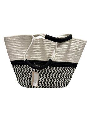 Magid Black & White Woven Tote Bag With Houndstooth Pattern And Rope Handles